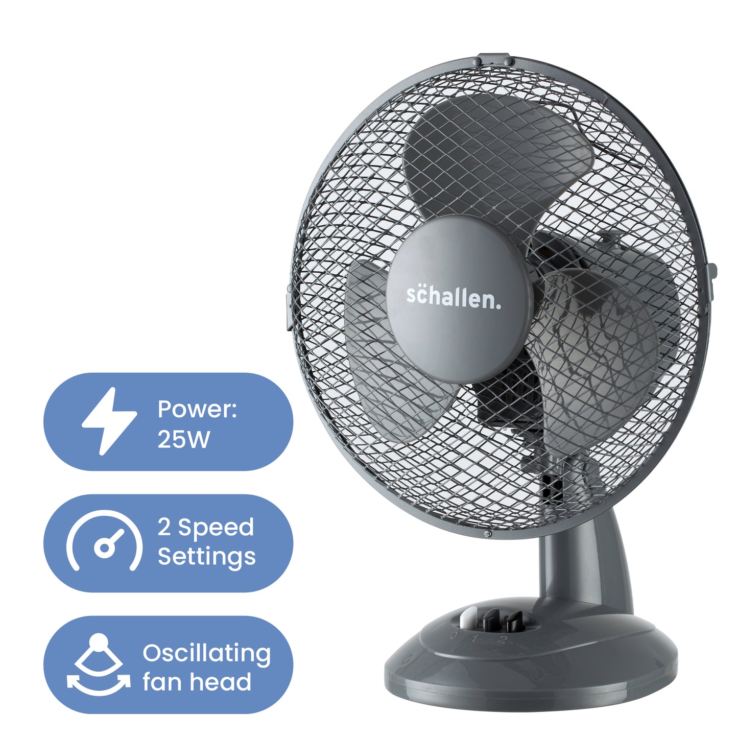 Schallen Small 9" Portable Desk Table Oscillating Cooling Fan with 2 Speed Setting - Grey