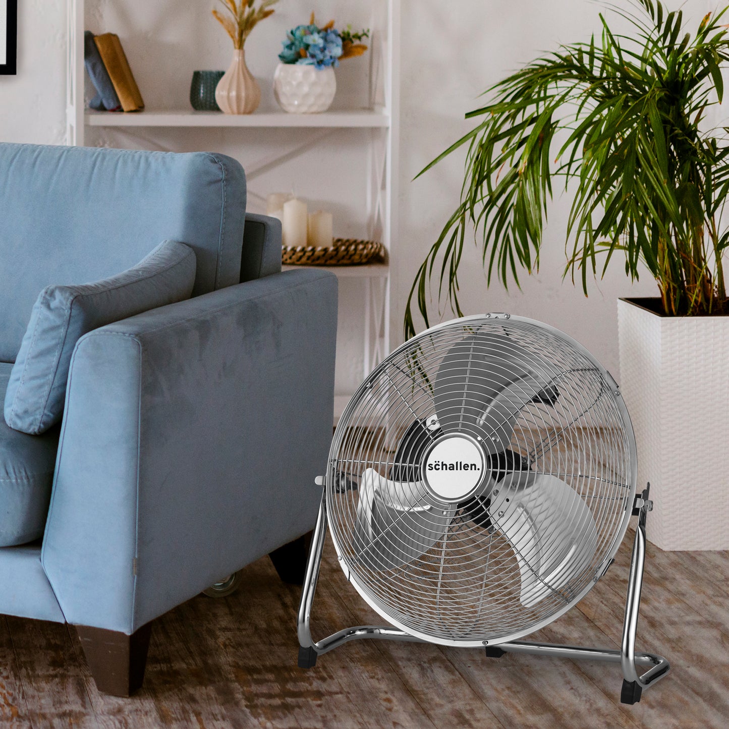Schallen Chrome Silver Metal High Velocity Cold Air Circulator Adjustable Floor Fan - 14"