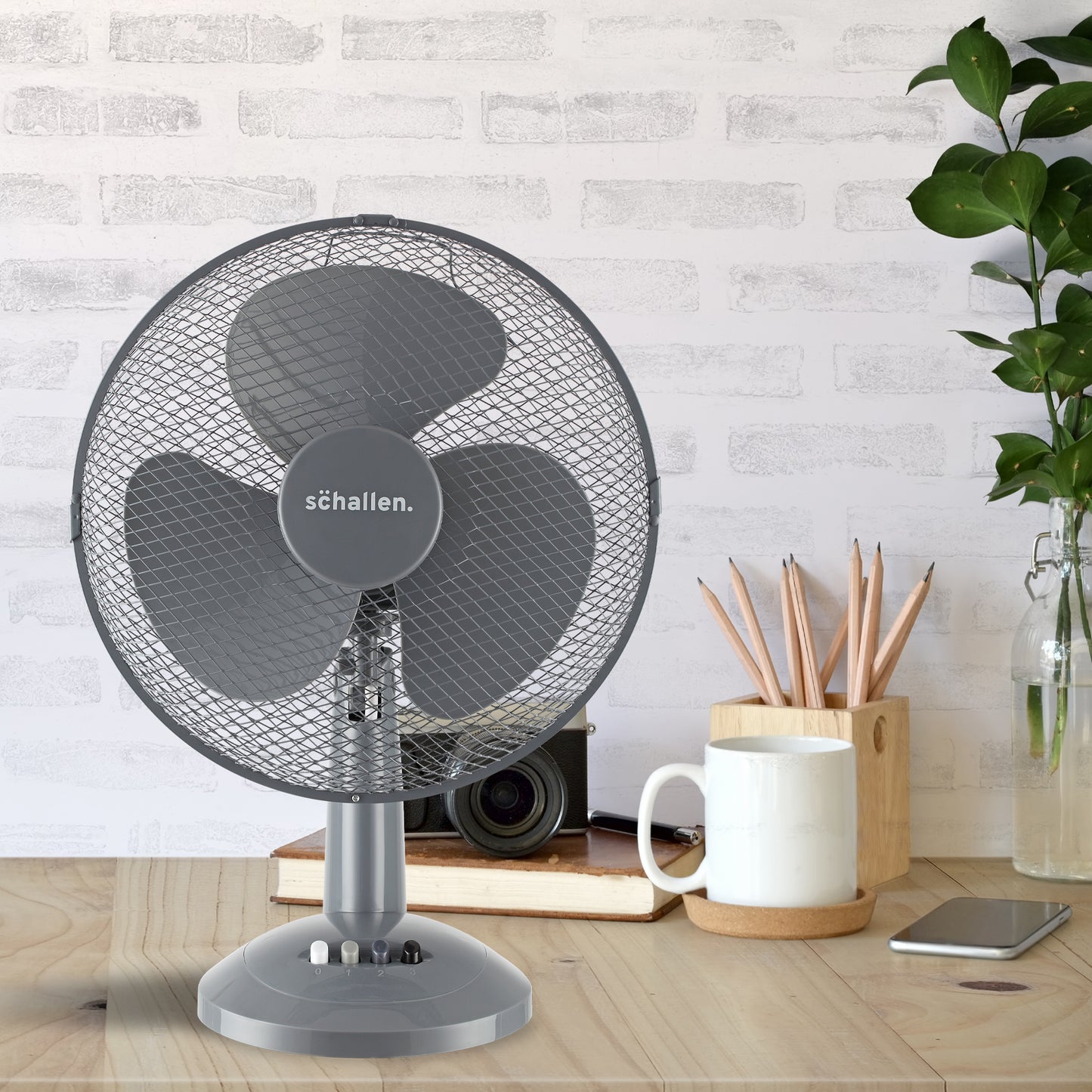 Schallen Electric 12" 3 Speed Oscillating Worktop Desk Table Air Cooling Fan - Grey