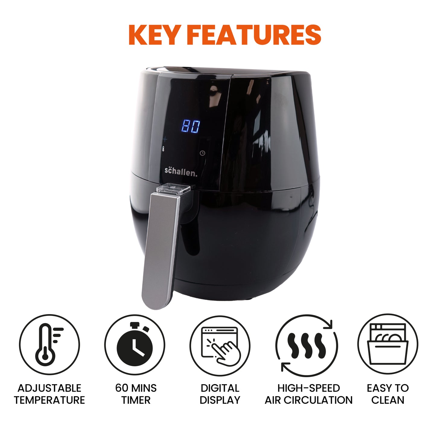 Schallen Modern Black Gloss Low Fat Large 3.5L 1300-1500W Digital Display Air Fryer with 9 Cooking Settings and 30 Minute Timer