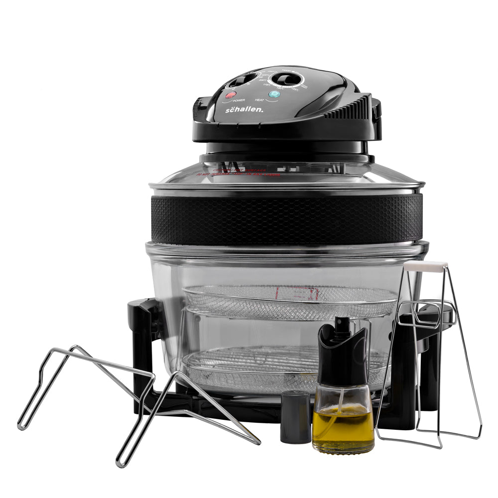Schallen 17L 2 in 1 Deluxe Black & Glass Air Fryer Deep Fat Free Frying Healthy Halogen Cooker + Accessories Included