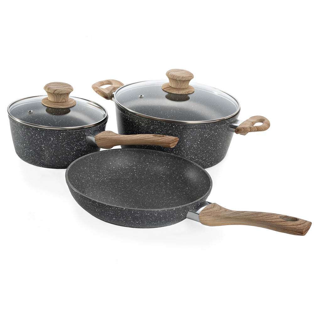 Schallen 5 Pcs Grey Marble Non Stick Cookware Frying Pan Saucepan Pot Set with Wooden Handle - Anthracite