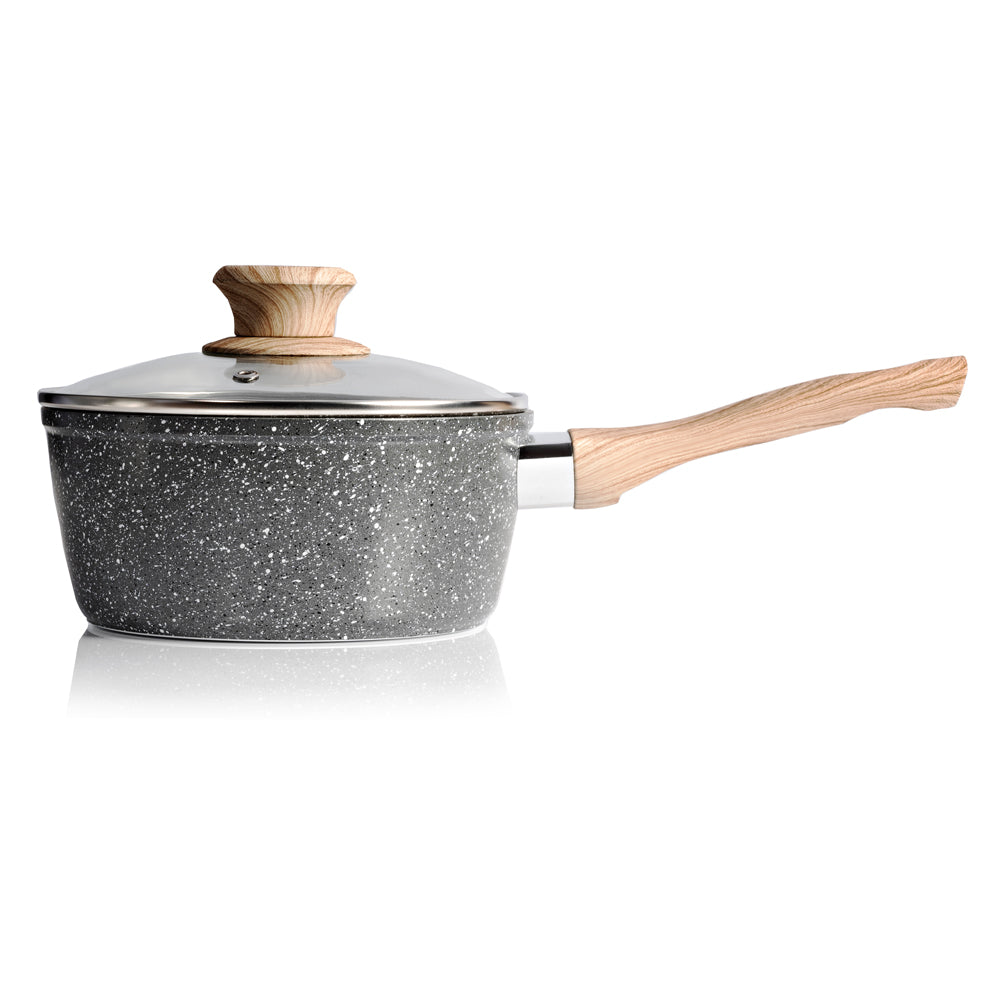 Schallen 5 Pcs Grey Marble Non Stick Cookware Frying Pan Saucepan Pot Set with Wooden Handle - Anthracite