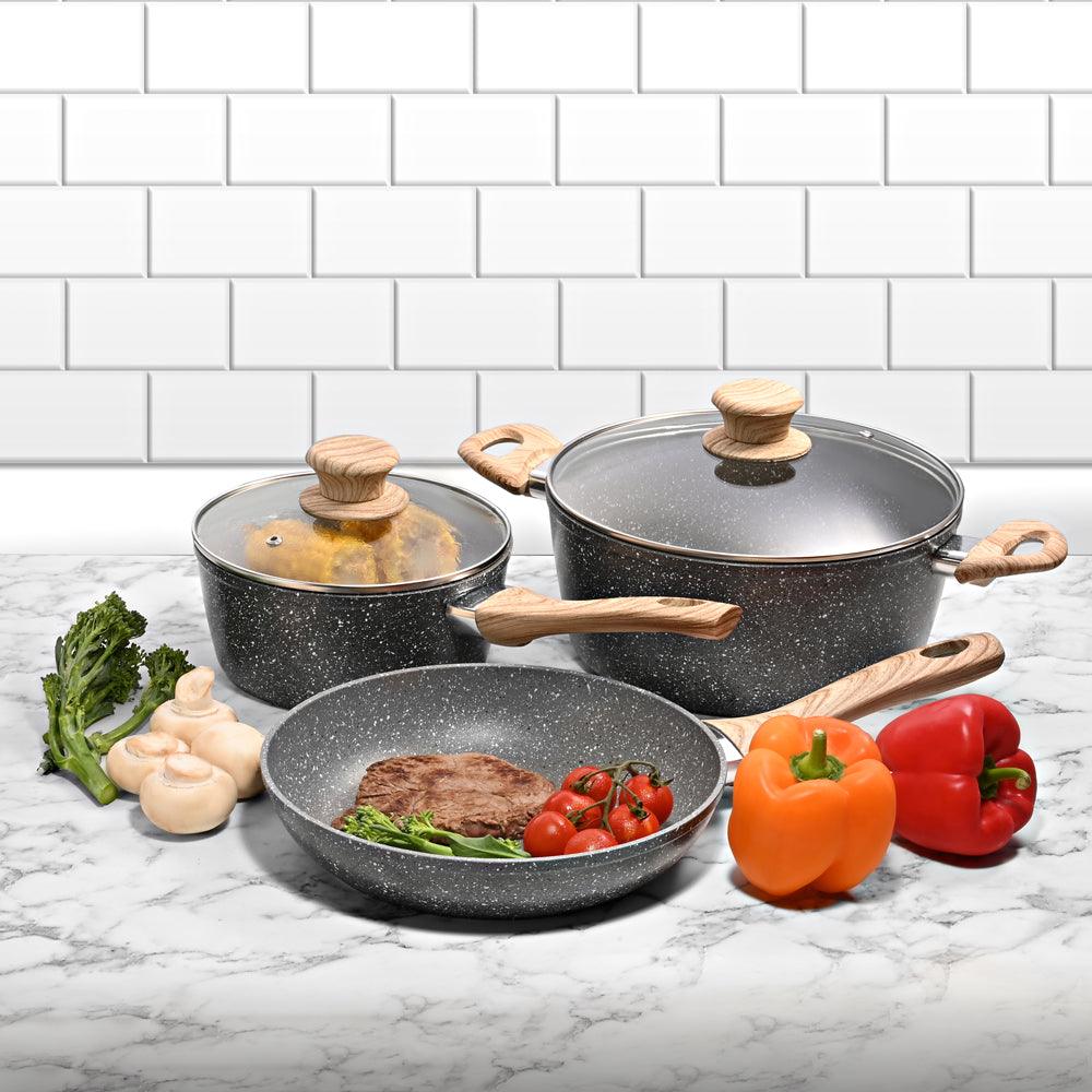 Schallen 5 Pcs Grey Marble Non Stick Cookware Frying Pan Saucepan Pot Set with Wooden Handle - Anthracite