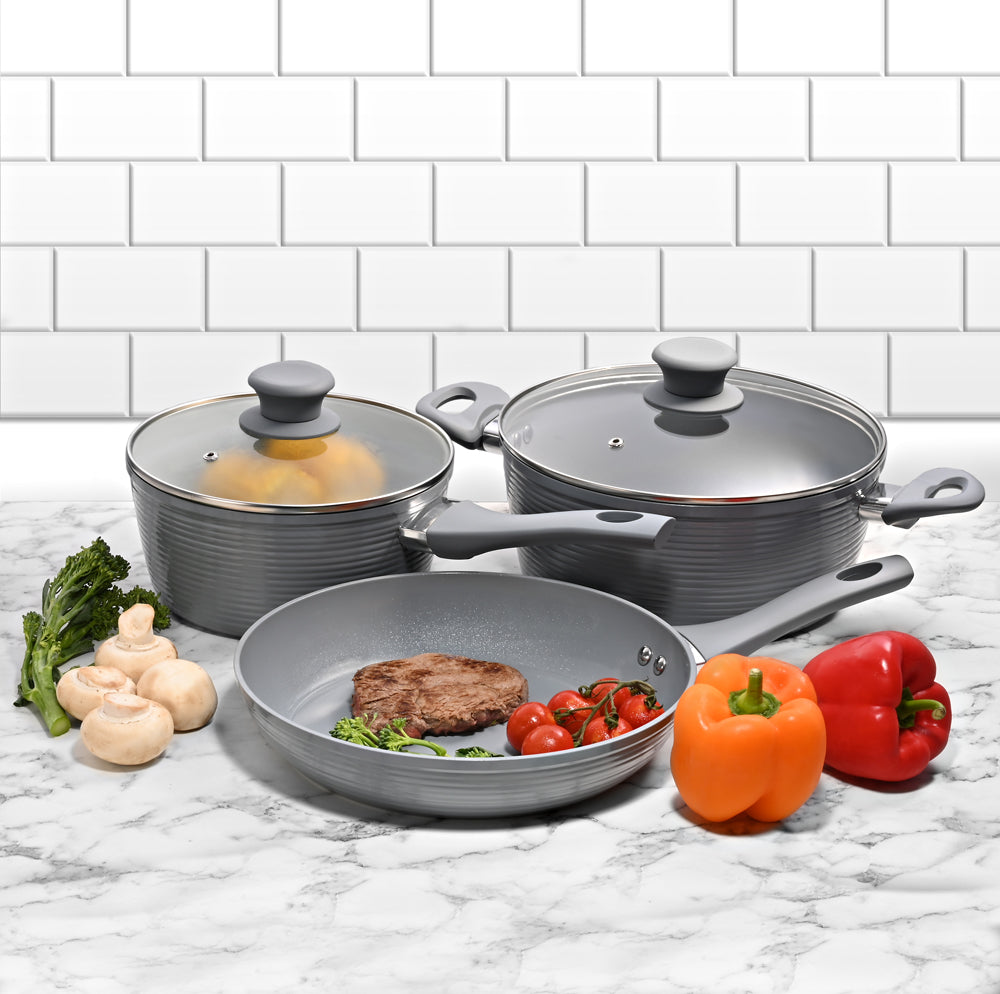 Schallen 5 Pcs Non Stick Forged Ceramic Cookware Frying Saucepan Stock Pot Full Pan Set with Lids - Grey