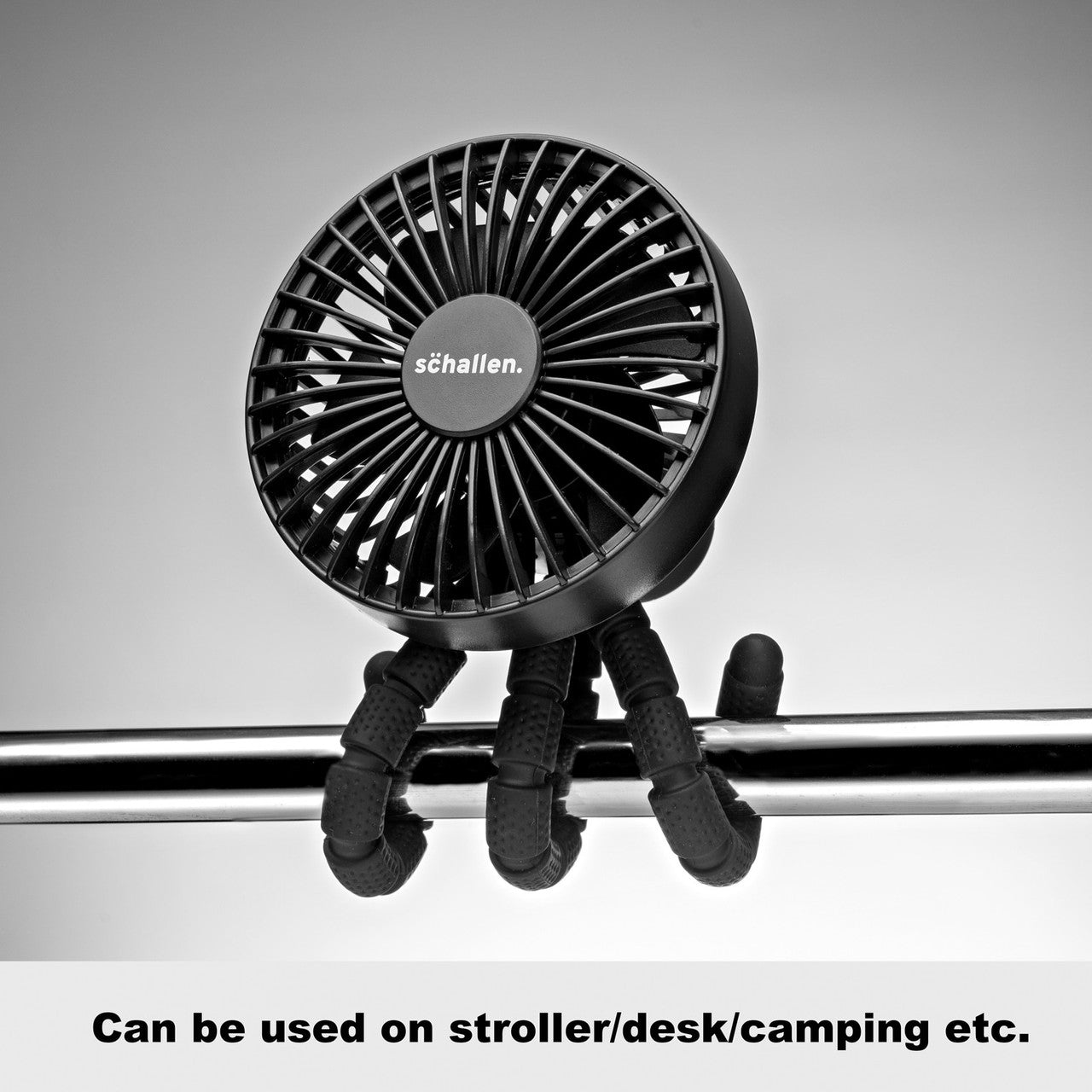 Schallen Rechargeable 4 Way Portable Lightweight Fan for Pram Fan, Car Seat, Desk, Office, Travel Fan - Black