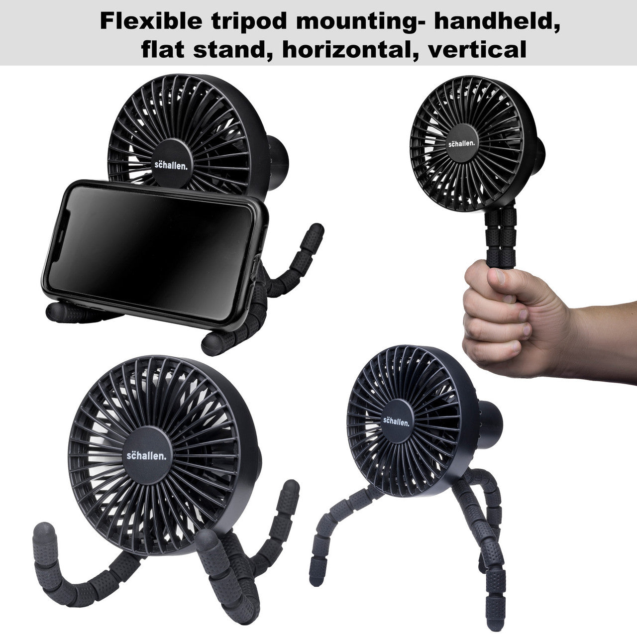 Schallen Rechargeable 4 Way Portable Lightweight Fan for Pram Fan, Car Seat, Desk, Office, Travel Fan - Black