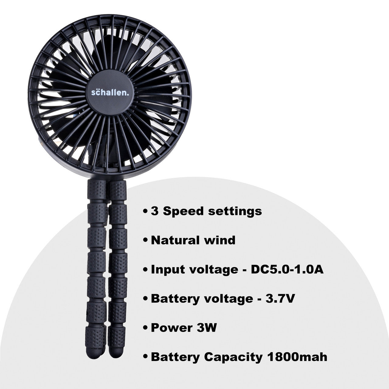 Schallen Rechargeable 4 Way Portable Lightweight Fan for Pram Fan, Car Seat, Desk, Office, Travel Fan - Black