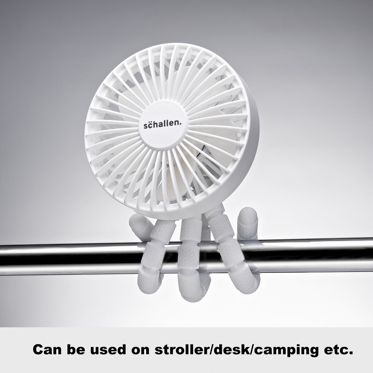 Schallen Rechargeable 4 Way Portable Lightweight Fan for Pram Fan, Car Seat, Desk, Office, Travel Fan - White