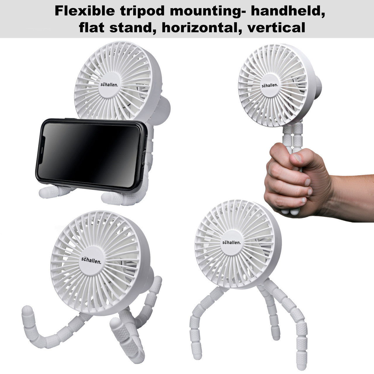 Schallen Rechargeable 4 Way Portable Lightweight Fan for Pram Fan, Car Seat, Desk, Office, Travel Fan - White