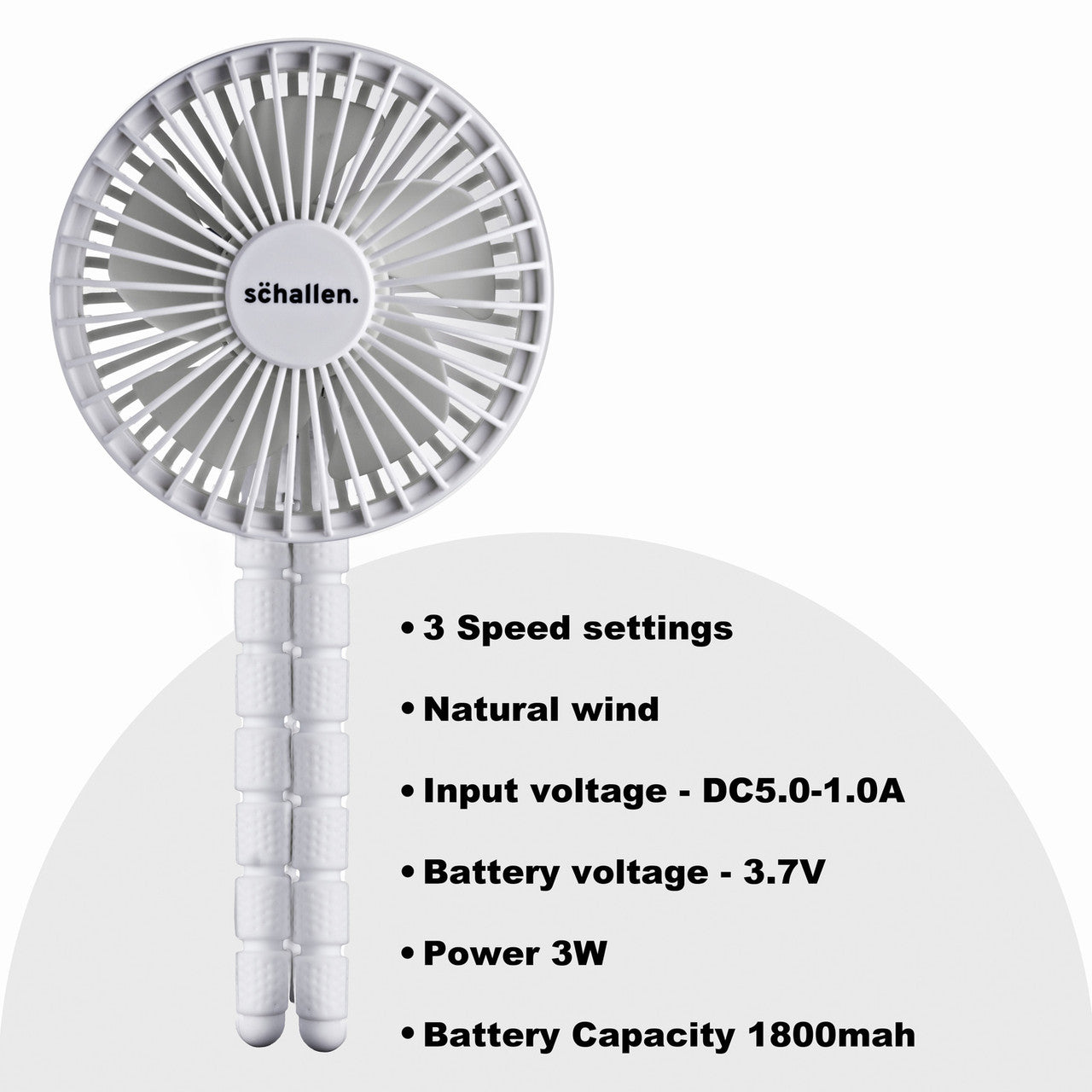 Schallen Rechargeable 4 Way Portable Lightweight Fan for Pram Fan, Car Seat, Desk, Office, Travel Fan - White