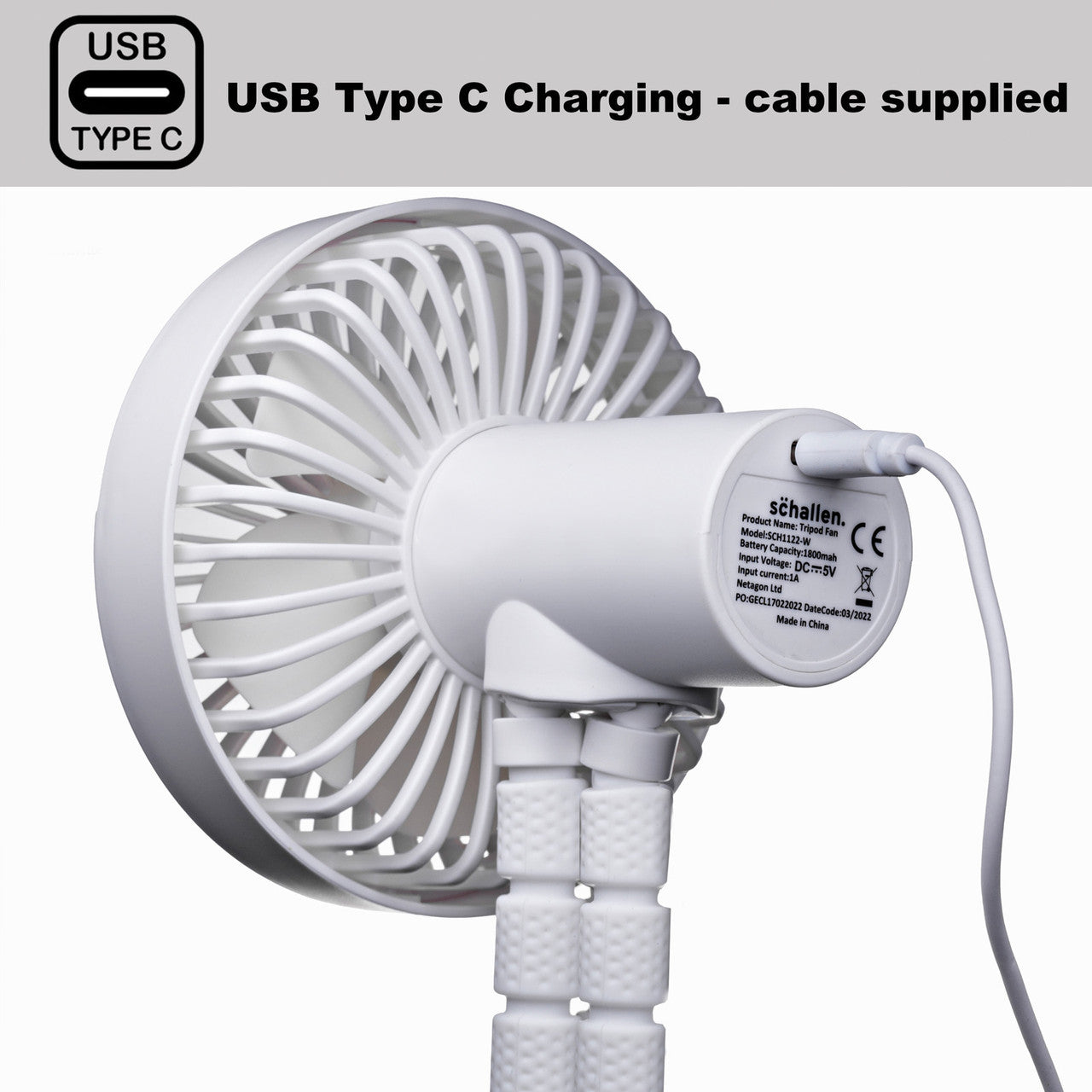 Schallen Rechargeable 4 Way Portable Lightweight Fan for Pram Fan, Car Seat, Desk, Office, Travel Fan - White