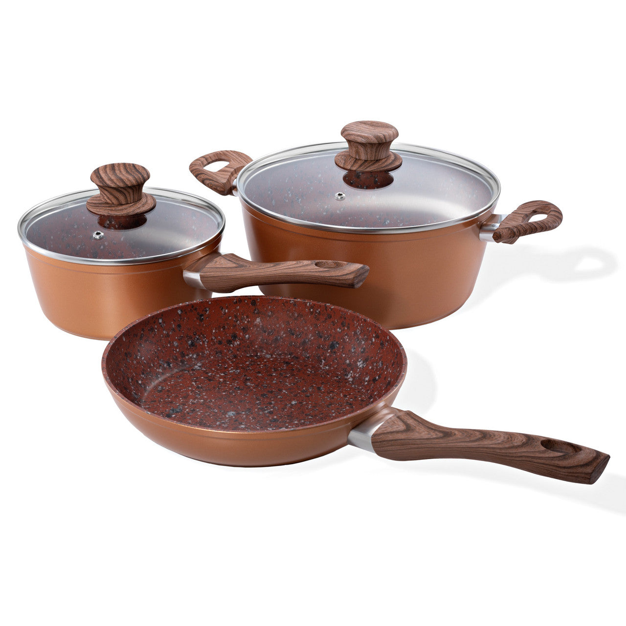 Schallen 5 Pcs Non Stick Red Granite Copper Forged Ceramic Frying Pan Saucepan Full Pan Set with Wooden Handle