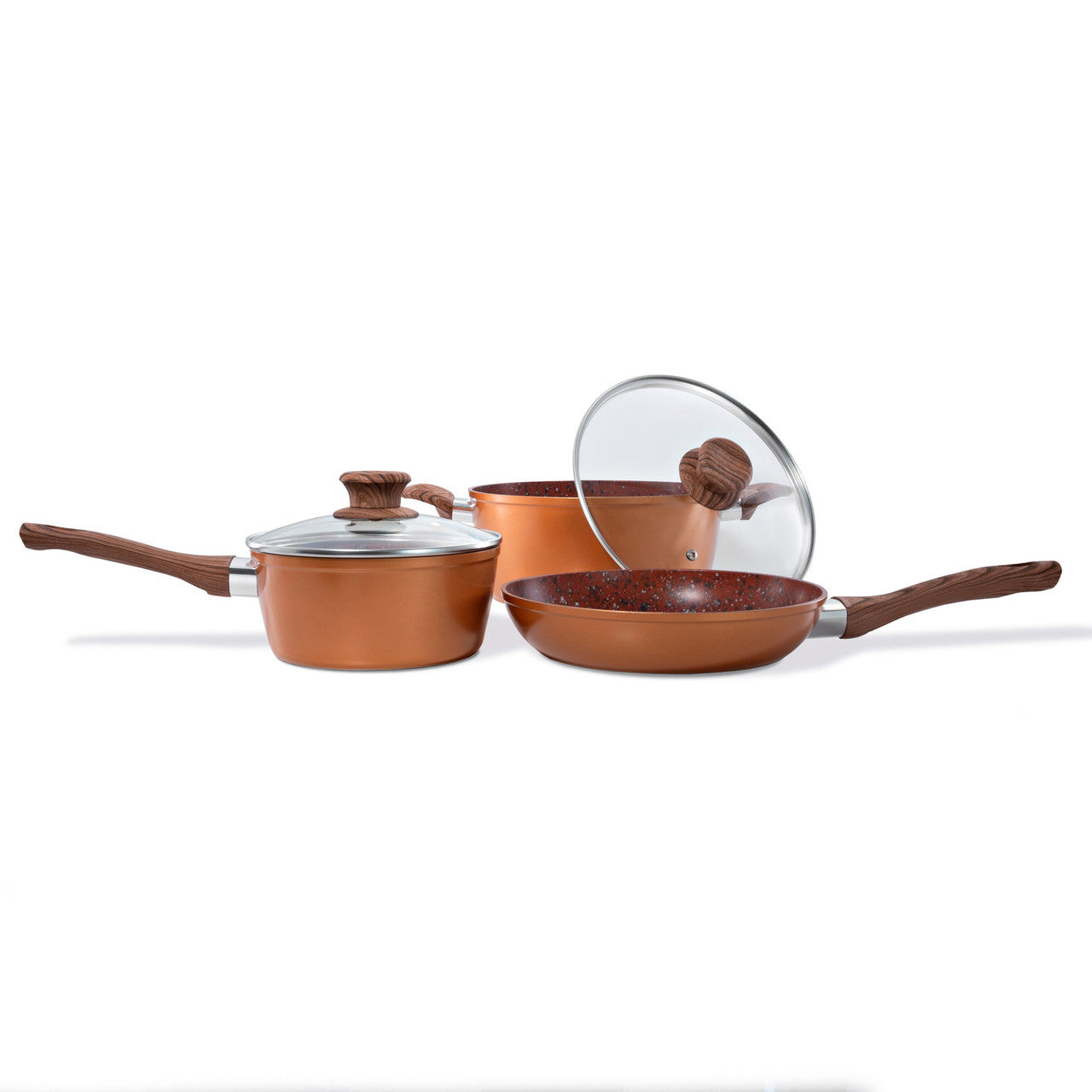 Schallen 5 Pcs Non Stick Red Granite Copper Forged Ceramic Frying Pan Saucepan Full Pan Set with Wooden Handle