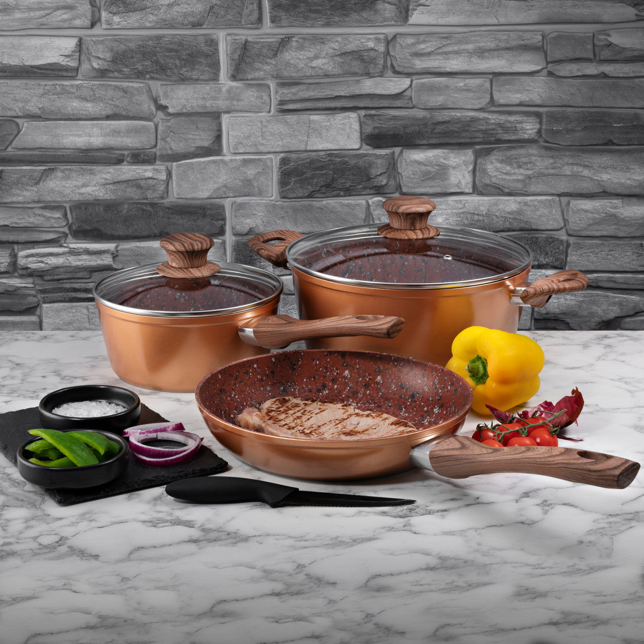 Schallen 5 Pcs Non Stick Red Granite Copper Forged Ceramic Frying Pan Saucepan Full Pan Set with Wooden Handle