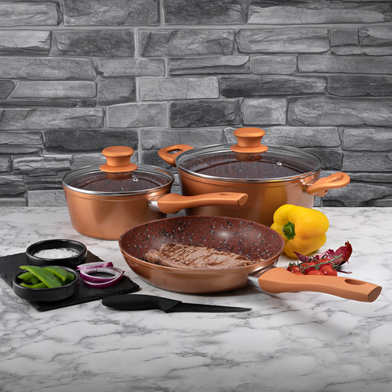 Schallen 5 Pcs Non Stick Red Granite Copper Forged Ceramic Frying Pan Saucepan Cooking Stock Pot Full Pan Set