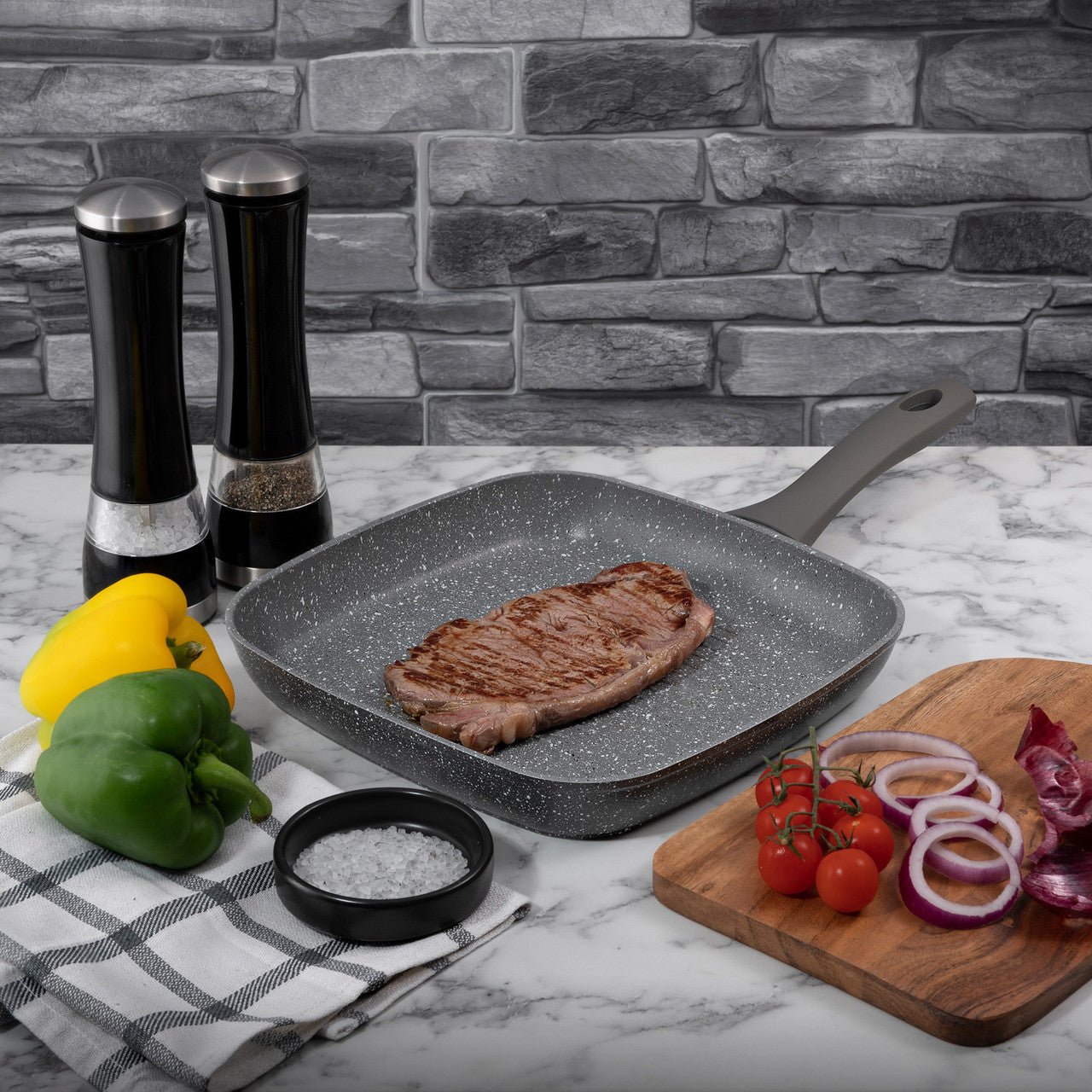 Schallen Anthracite Grey Marble Large Induction Electric Gas 26cm Griddle Grill Pan with Soft Black Handles