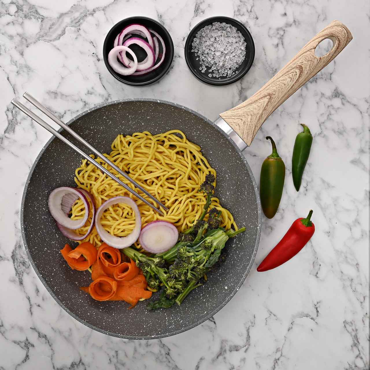 Schallen Non Stick Grey Marble Induction Electric Gas WOK Deep Frying Pan with Wooden Handle