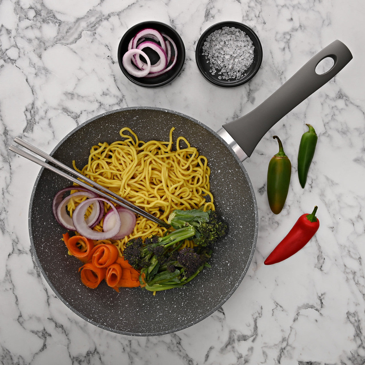 Schallen Non Stick Grey Marble Induction Electric Gas WOK Deep Frying Pan with Black Handle