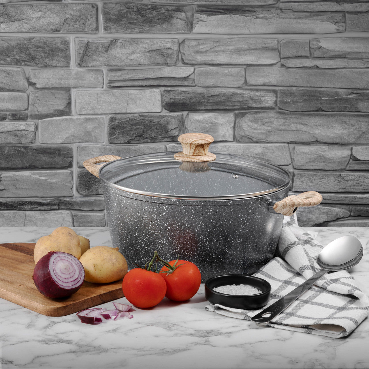 Schallen Marble Non Stick Aluminium Large Round 28cm Casserole Dish with Wooden Handle