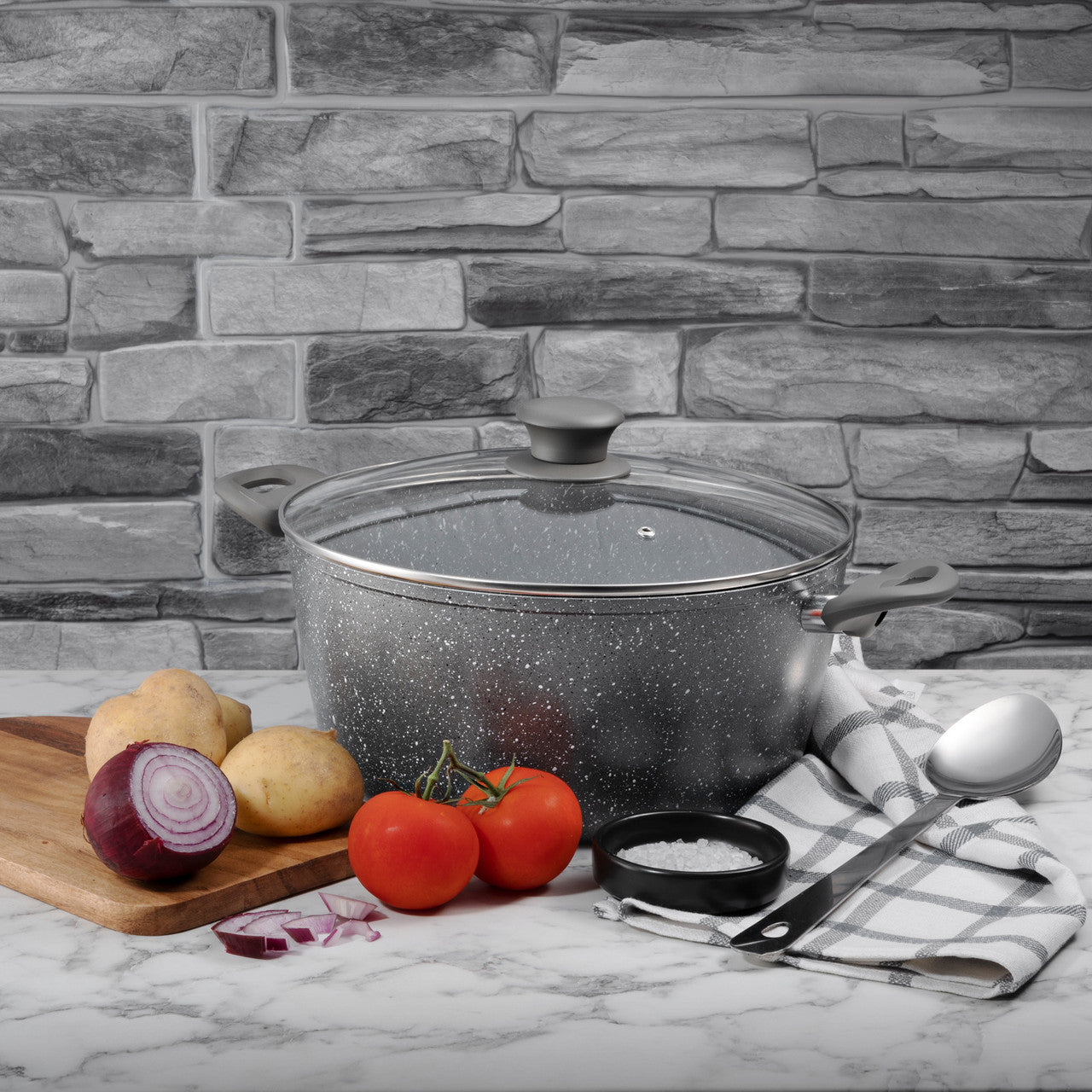 Schallen Marble Non Stick Aluminium Large Round 28cm Casserole Dish with Black Handle