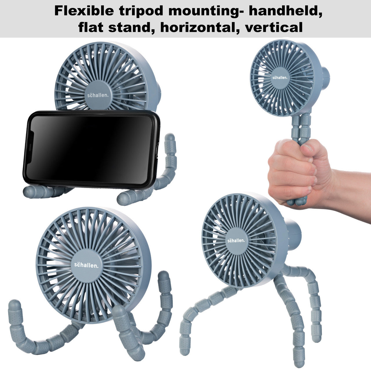 Schallen Rechargeable 4 Way Portable Lightweight Fan for Pram Fan, Car Seat, Desk, Office, Travel Fan - Grey