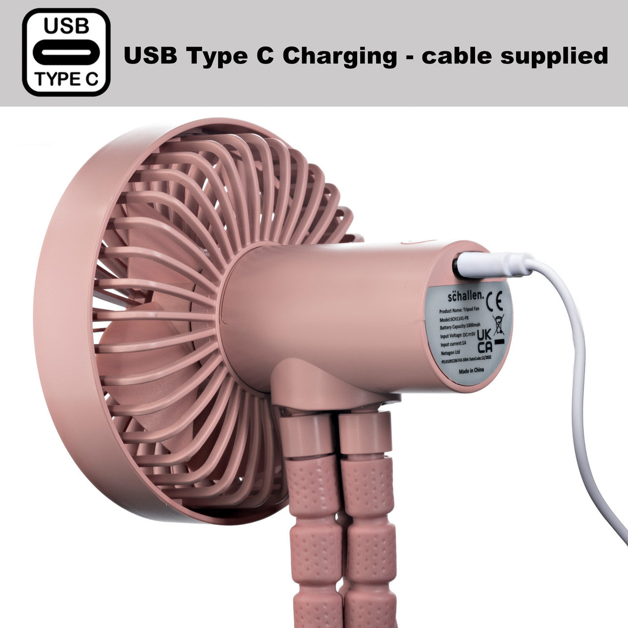 Schallen Rechargeable 4 Way Portable Lightweight Fan for Pram Fan, Car Seat, Desk, Office, Travel Fan - Pink