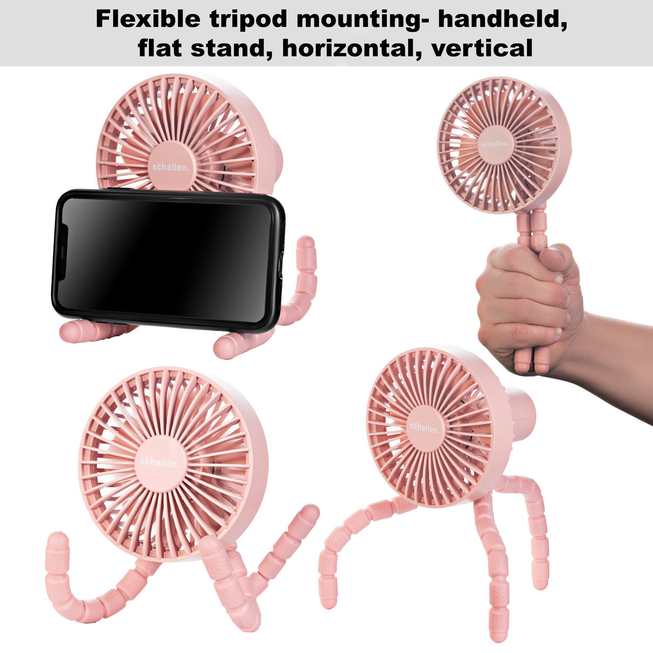 Schallen Rechargeable 4 Way Portable Lightweight Fan for Pram Fan, Car Seat, Desk, Office, Travel Fan - Pink