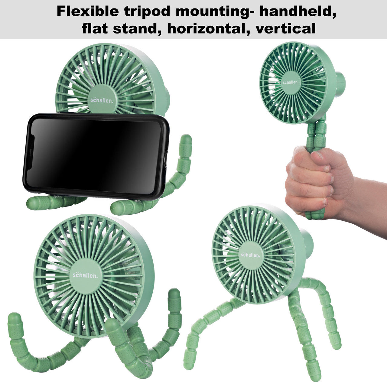 Schallen Rechargeable 4 Way Portable Lightweight Fan for Pram Fan, Car Seat, Desk, Office, Travel Fan - Green
