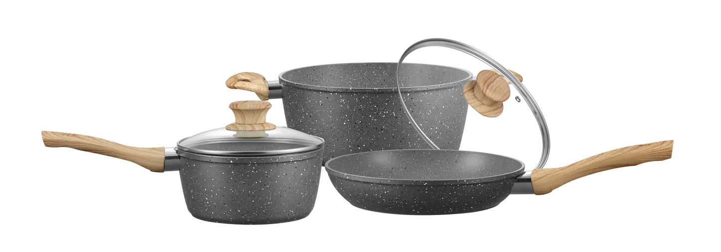 Schallen 5 Pcs Grey Marble Non Stick Cookware Frying Pan Saucepan Pot Set with Wooden Handle - Anthracite