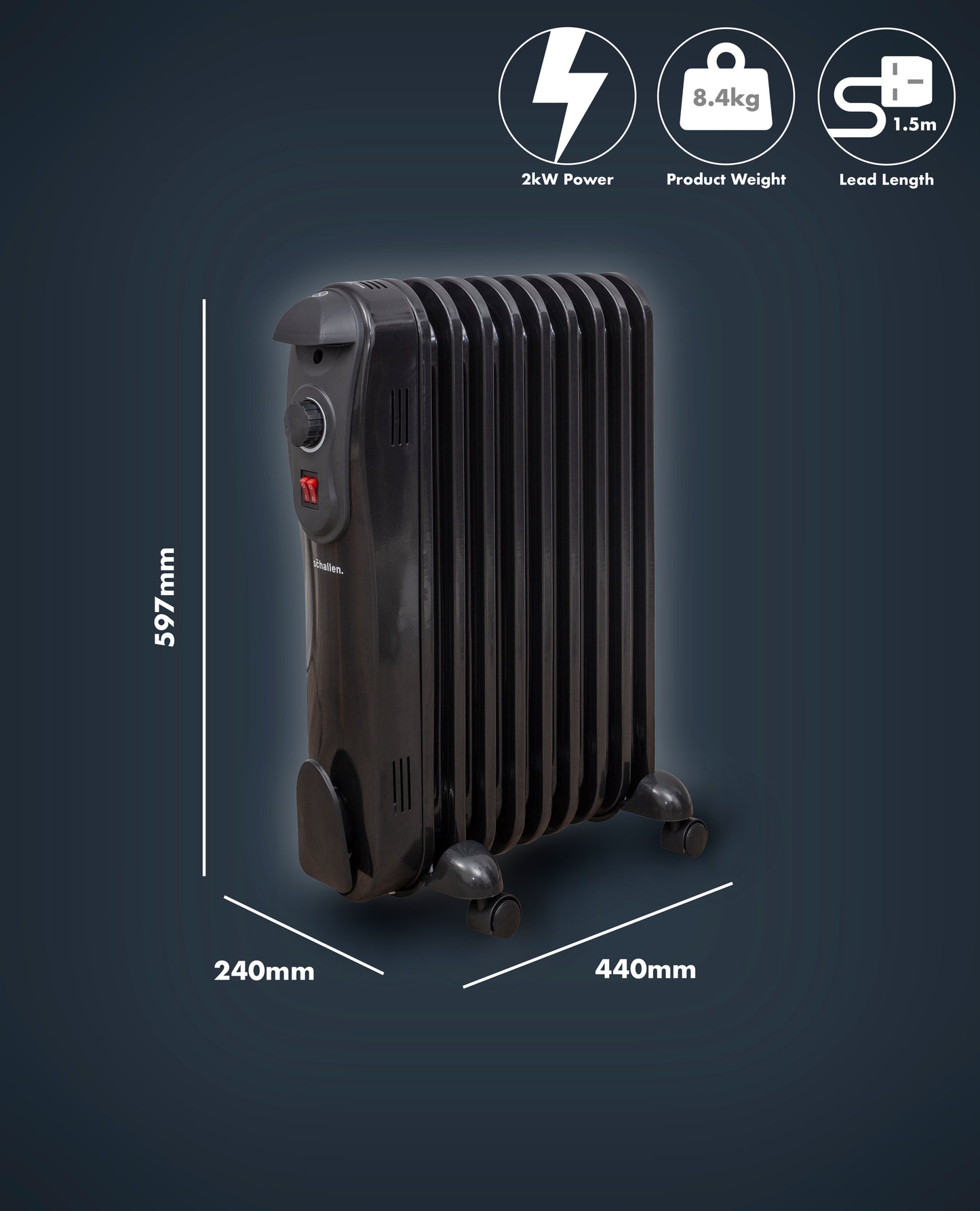 Schallen Black 2000W 9 Fin Portable Electric Slim Oil Filled Radiator Heater