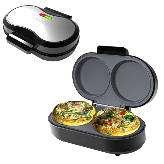 Schallen Electric Omelette Maker Deep Fill Healthy Eating Egg Pan with Non-Stick Coated Ceramic Plates & 2 Individual Cooking Plates with Cool Touch Handle (Stainless Steel)