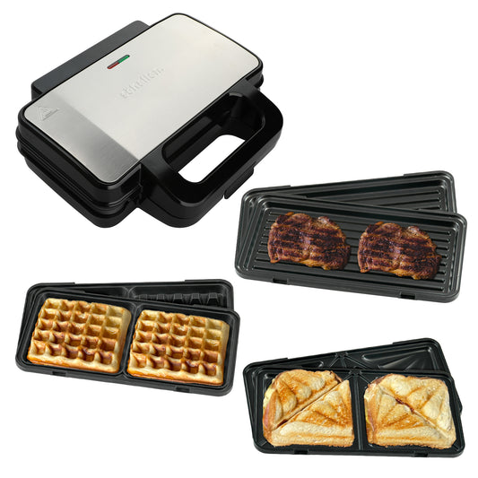 Schallen Electric All in 1 Multi Grill Grilling Machine, Sandwhich, Toastie & Waffle Maker Machine - Includes 4 Removable Large None Stick Cooking Plates (Stainless Steel, Black & Silver)