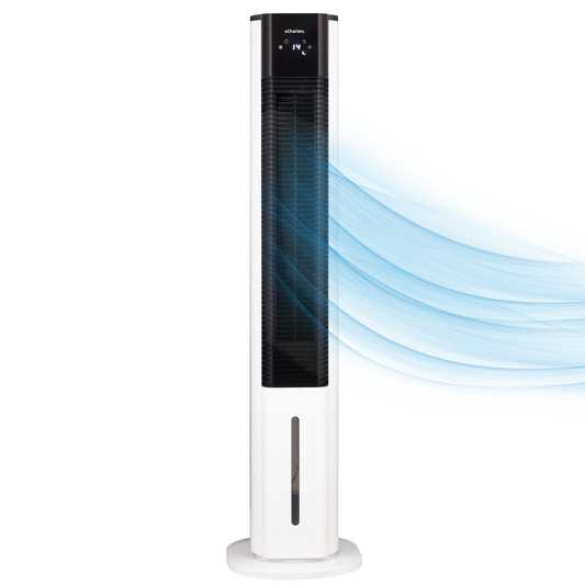 Schallen 5.4L Portable Air Cooler with Remote Control | Evaporative Tower Fan Cooler with 3 Speeds, 12H Timer, Digital & Energy Efficient, 2 Ice Packs in Black & White (Copy)