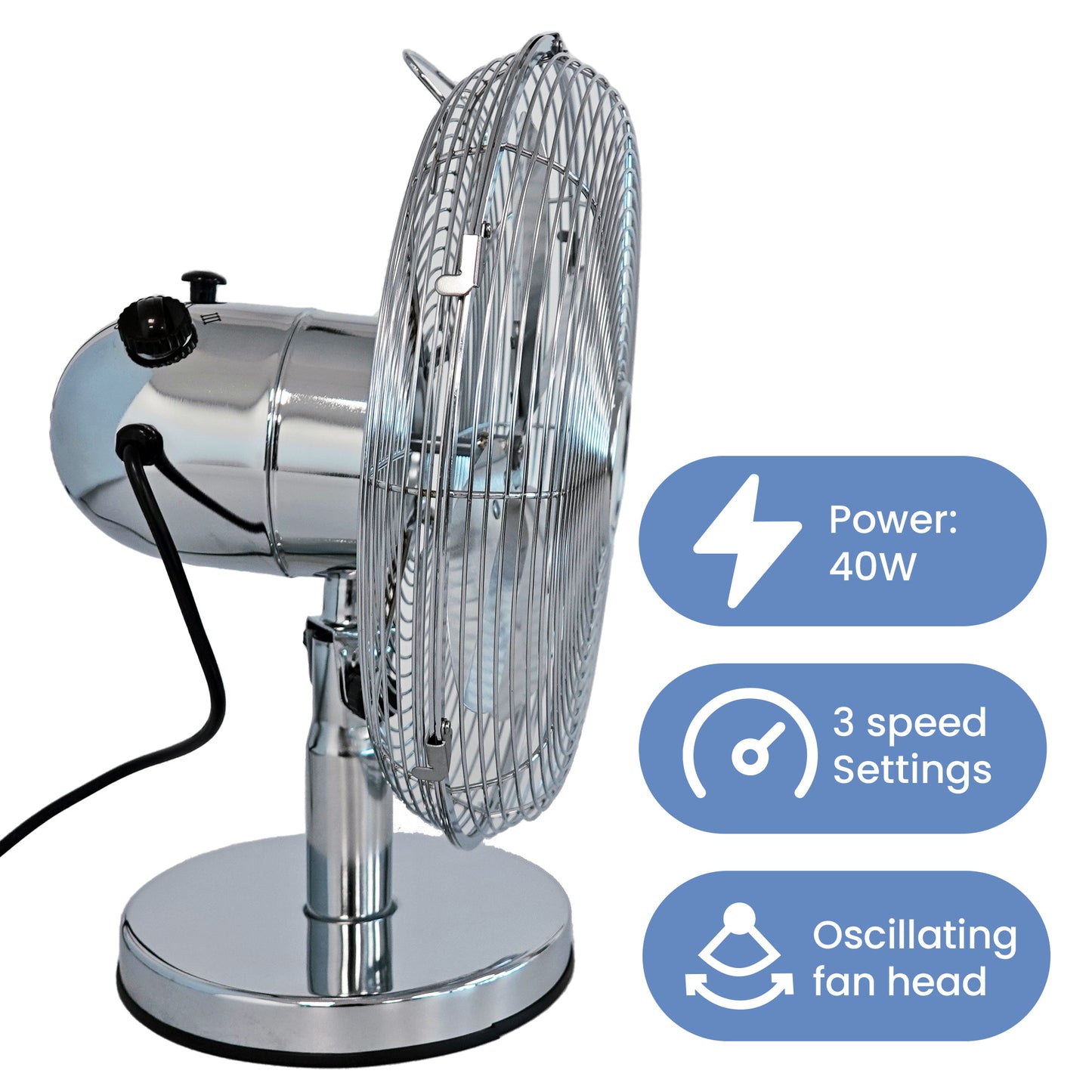 Schallen Chrome Silver Electric Sturdy Metal 12" 3 Speed Tilt Oscillating Worktop Desk Table Fan