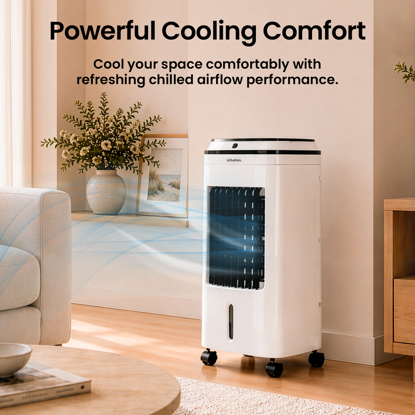 Schallen 3.9L Portable Air Cooler with Remote Control | Evaporative Tower Fan Cooler with 3 Speeds, 12H Timer, Digital & Energy Efficient, 2 Ice Packs in Black & White