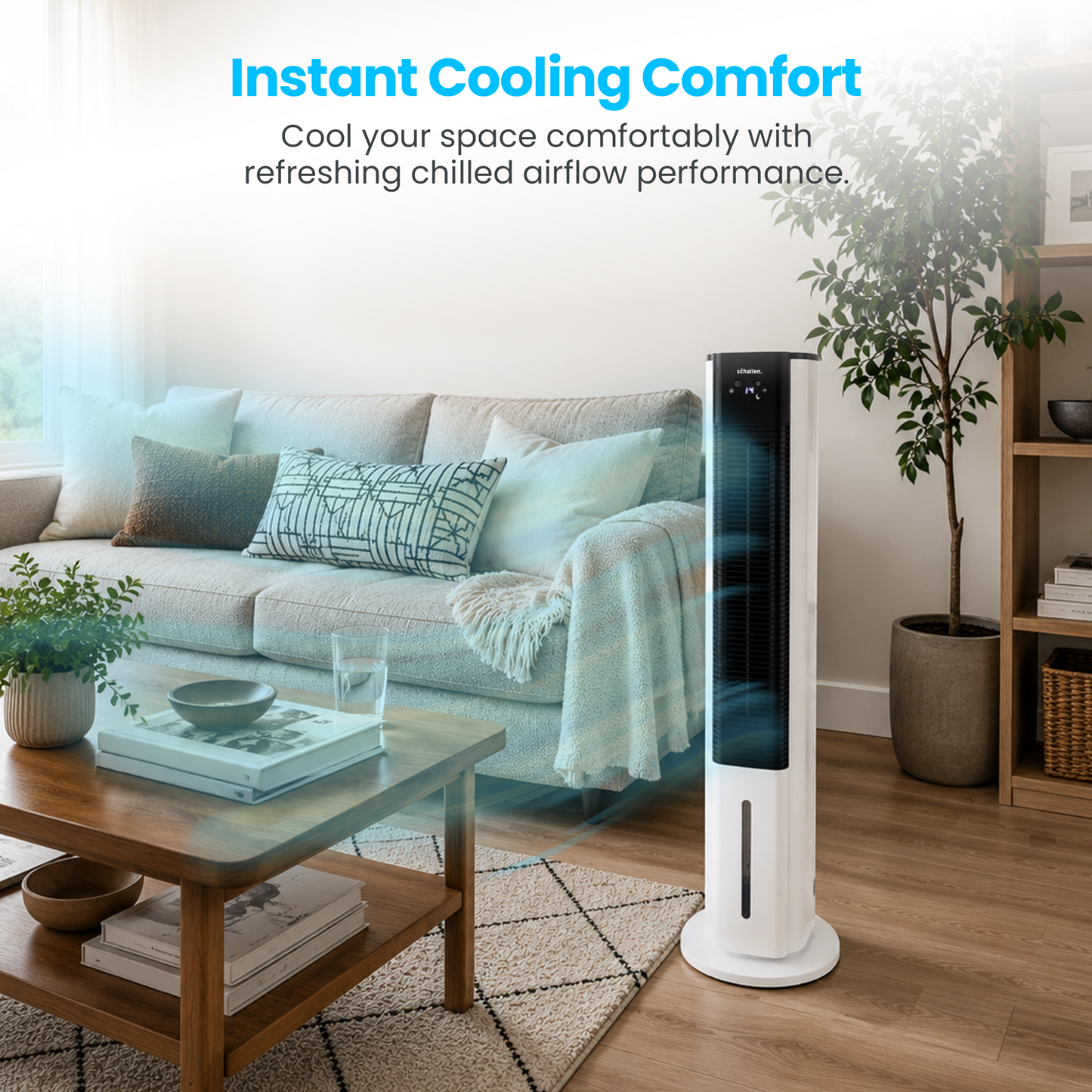 Schallen 5.4L Portable Air Cooler with Remote Control | Evaporative Tower Fan Cooler with 3 Speeds, 12H Timer, Digital & Energy Efficient, 2 Ice Packs in Black & White (Copy)