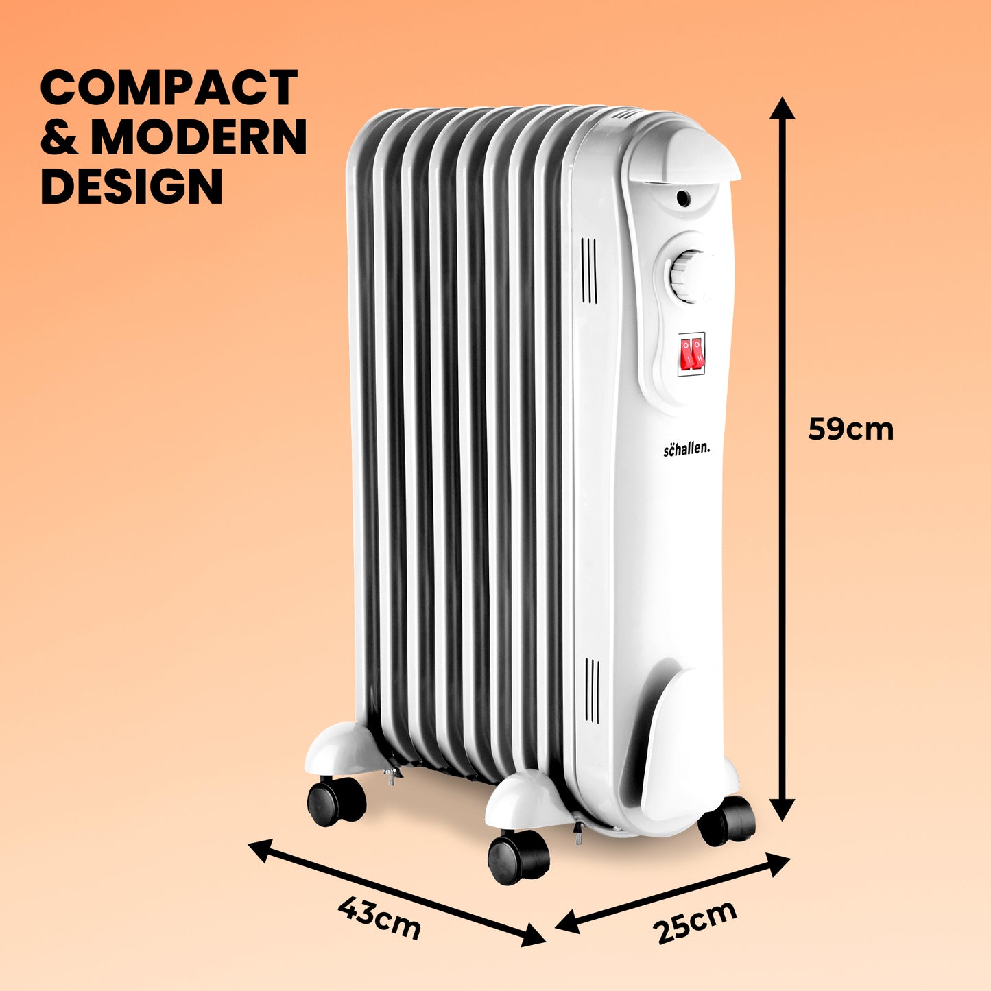 Schallen White 2000W 9 Fin Portable Electric Slim Oil Filled Radiator Heater