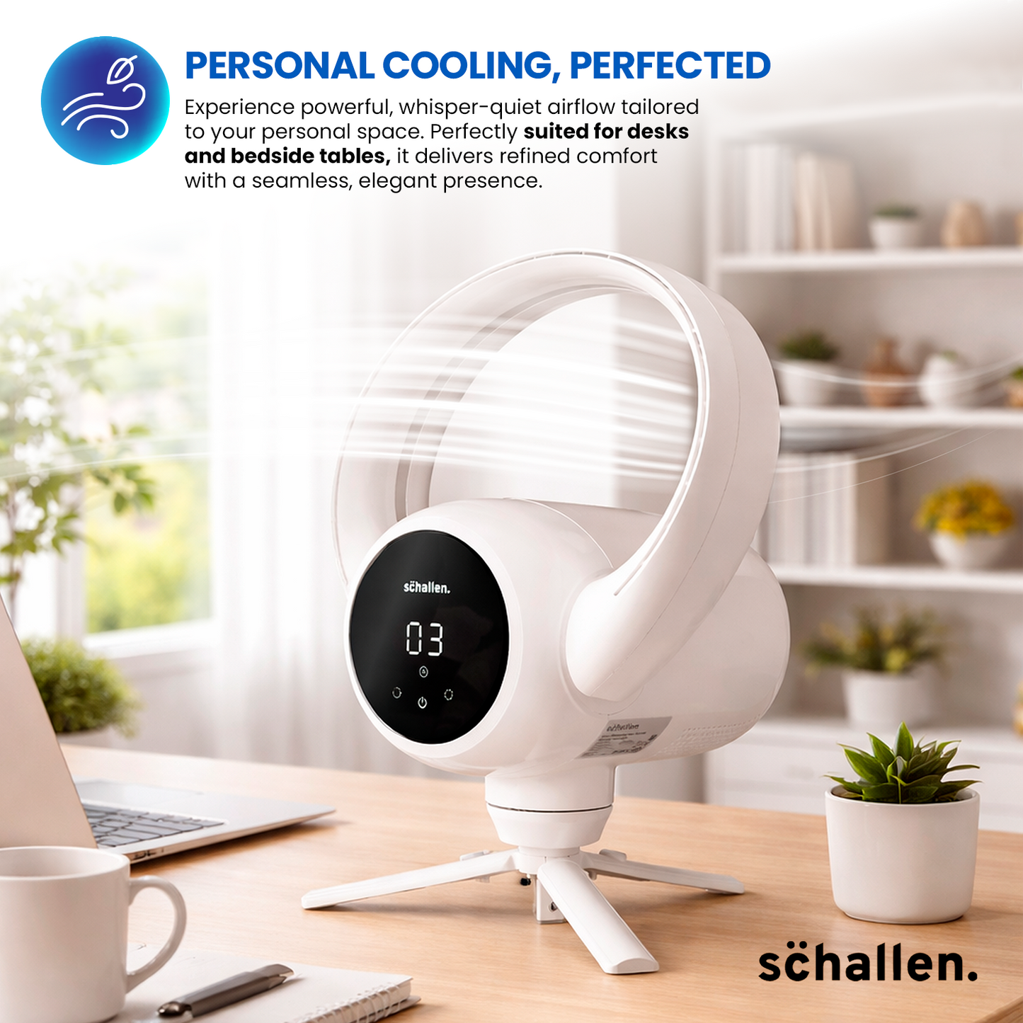 Schallen 2 in 1 Bladeless Floor Fan and Desktop Table Fan Modern White and Black with Digital Display
