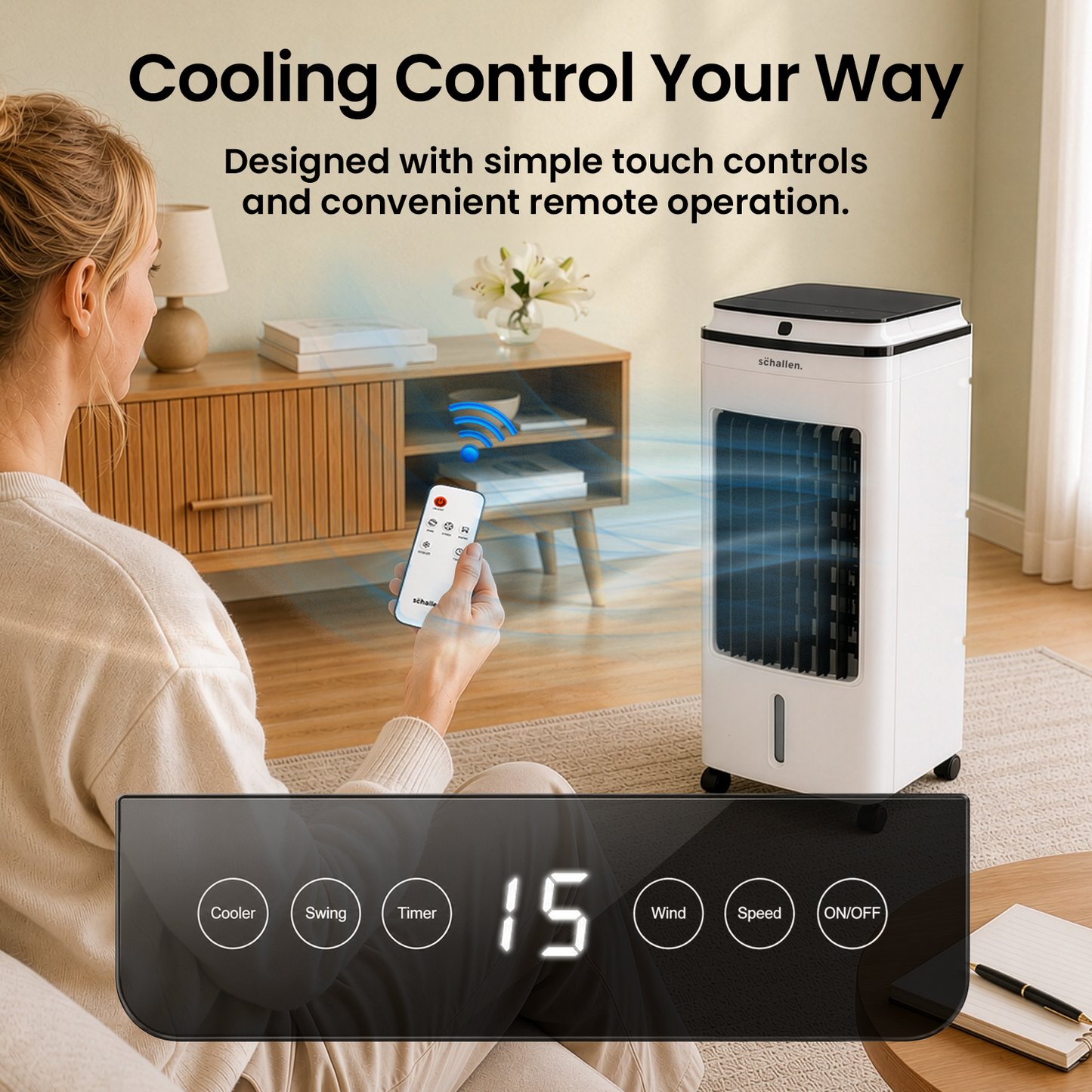 Schallen 3.9L Portable Air Cooler with Remote Control | Evaporative Tower Fan Cooler with 3 Speeds, 12H Timer, Digital & Energy Efficient, 2 Ice Packs in Black & White