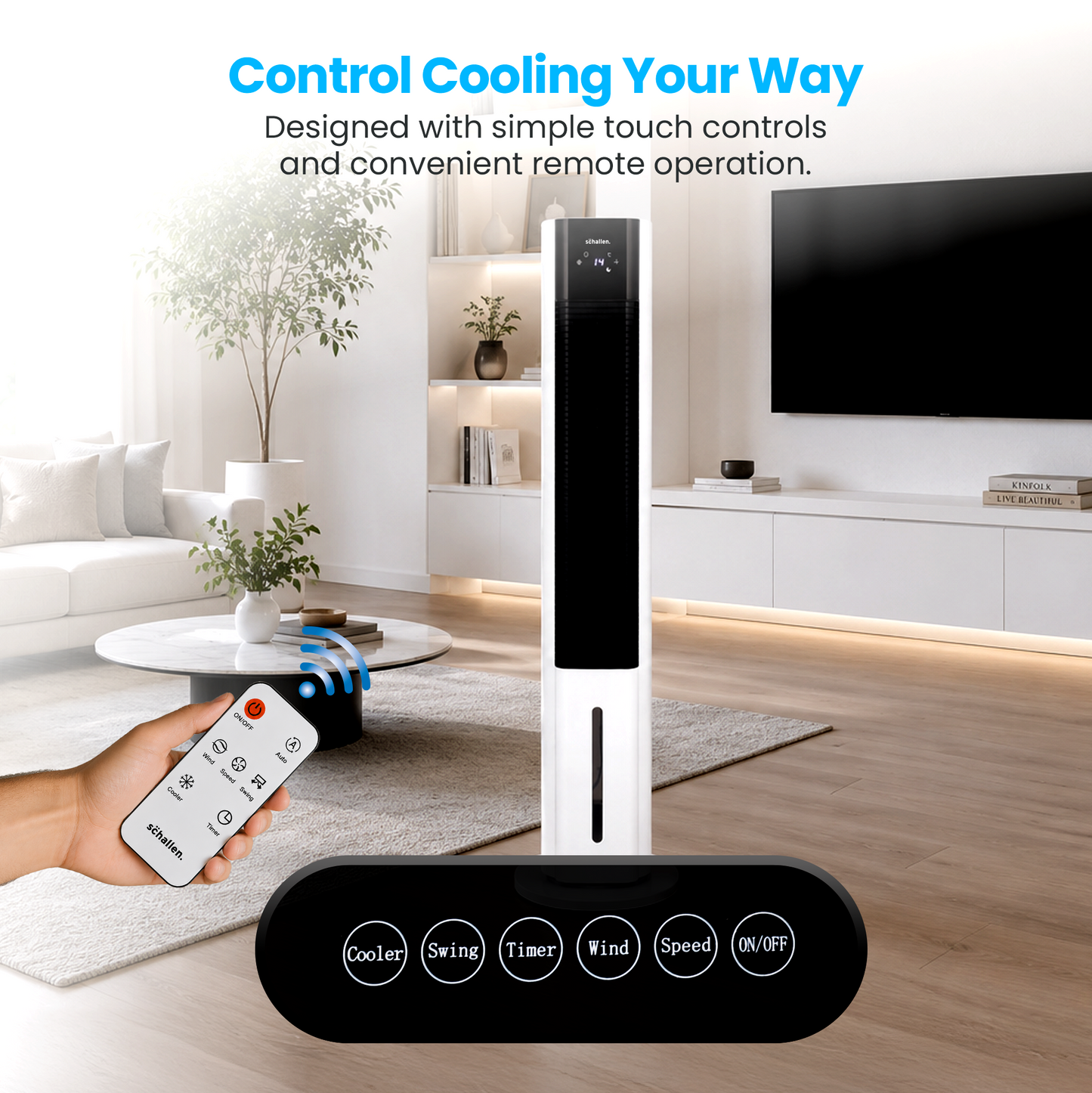 Schallen 5.4L Portable Air Cooler with Remote Control | Evaporative Tower Fan Cooler with 3 Speeds, 12H Timer, Digital & Energy Efficient, 2 Ice Packs in Black & White (Copy)