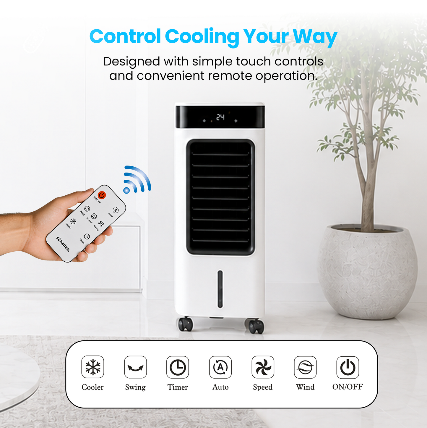 Schallen 9L Portable Air Cooler with Remote Control | Evaporative Tower Fan Cooler with 3 Speeds, 12H Timer, Digital & Energy Efficient, 2 Ice Packs in Black & White (Copy) (Copy)