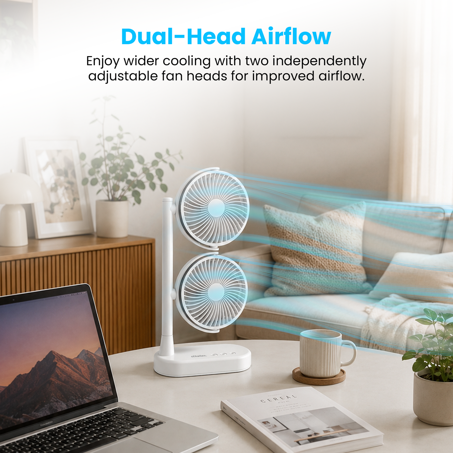 Schallen Dual Head USB-C Fan | Portable Desk Fan with 2 Speeds | White
