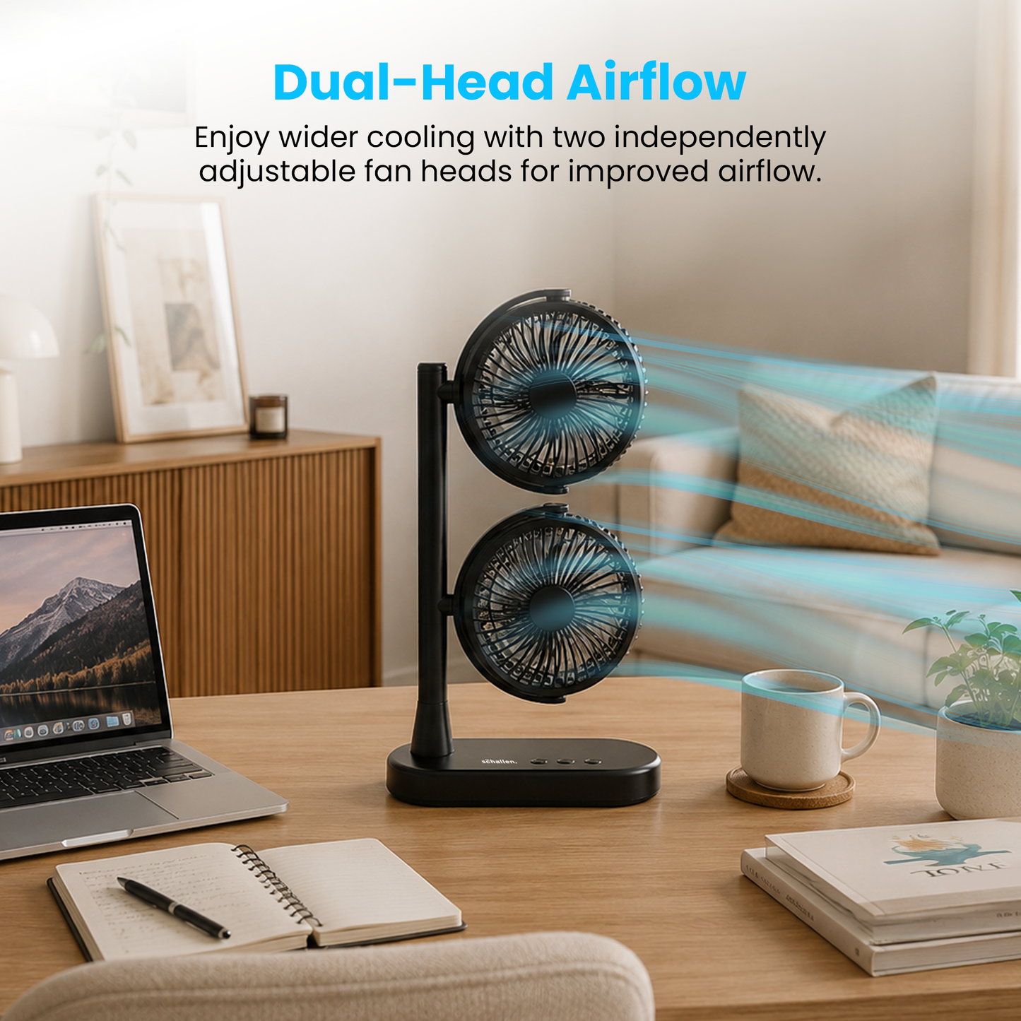 Schallen Dual Head USB-C Fan | Portable Desk Fan with 2 Speeds | Black