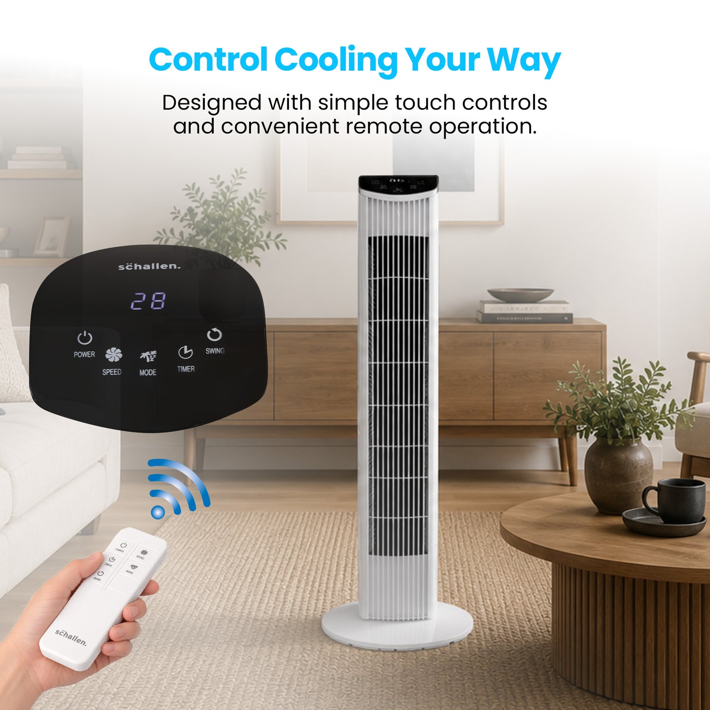 Schallen 36" Tower Fan Oscillating Tall Floor Standing Fan with Remote Control, DC Motor, Digital Display 12H Timer, 8 Speed Settings & 3 Wind Modes | Quiet, Powerful, Energy Efficient Cooling