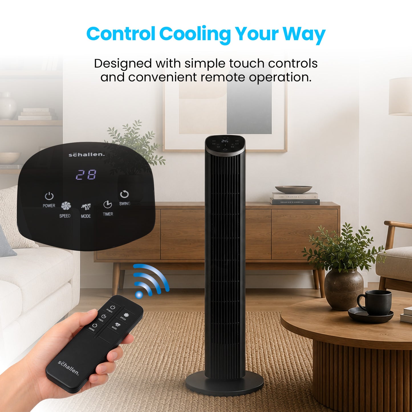 Schallen 36" Tower Fan Oscillating Tall Floor Standing Fan with Remote Control, DC Motor, Digital Display 12H Timer, 8 Speed Settings & 3 Wind Modes | Quiet, Powerful, Energy Efficient Cooling