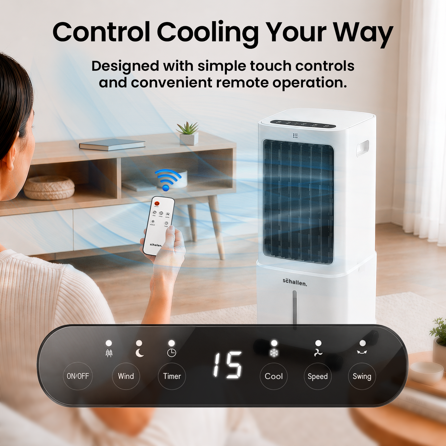 Schallen Portable Air Cooler with Humidifier & Air Purifier, 10L Water Tank, 3 Speed & Mode Settings, Remote Control + 2 Ice Packs