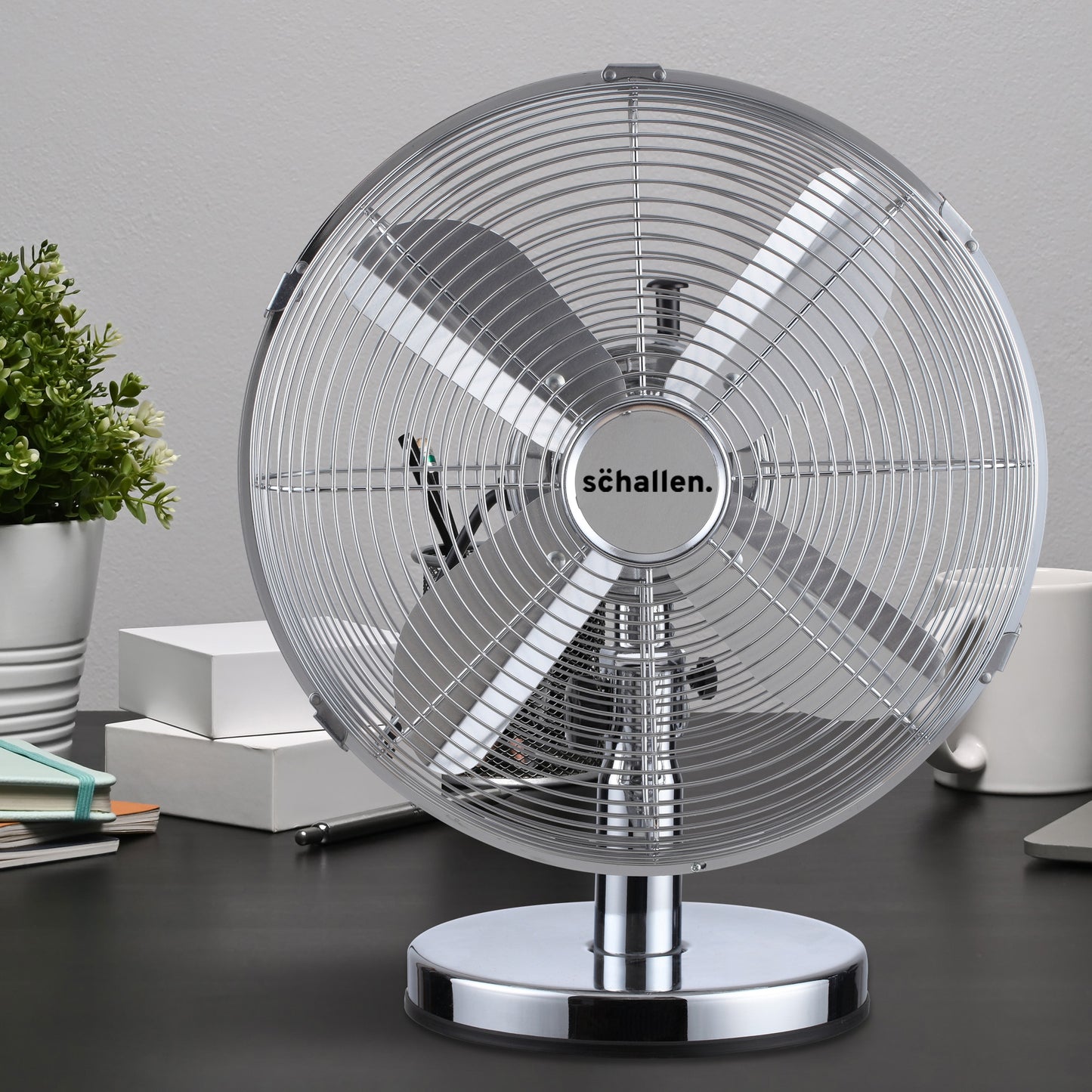 Schallen Chrome Silver Electric Sturdy Metal 12" 3 Speed Tilt Oscillating Worktop Desk Table Fan