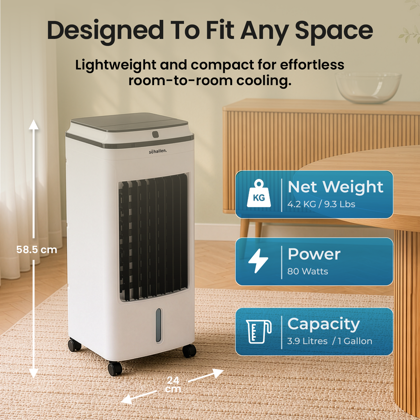 Schallen 3.9L Portable Air Cooler with Remote Control | Evaporative Tower Fan Cooler with 3 Speeds, 12H Timer, Digital & Energy Efficient, 2 Ice Packs in Black & White