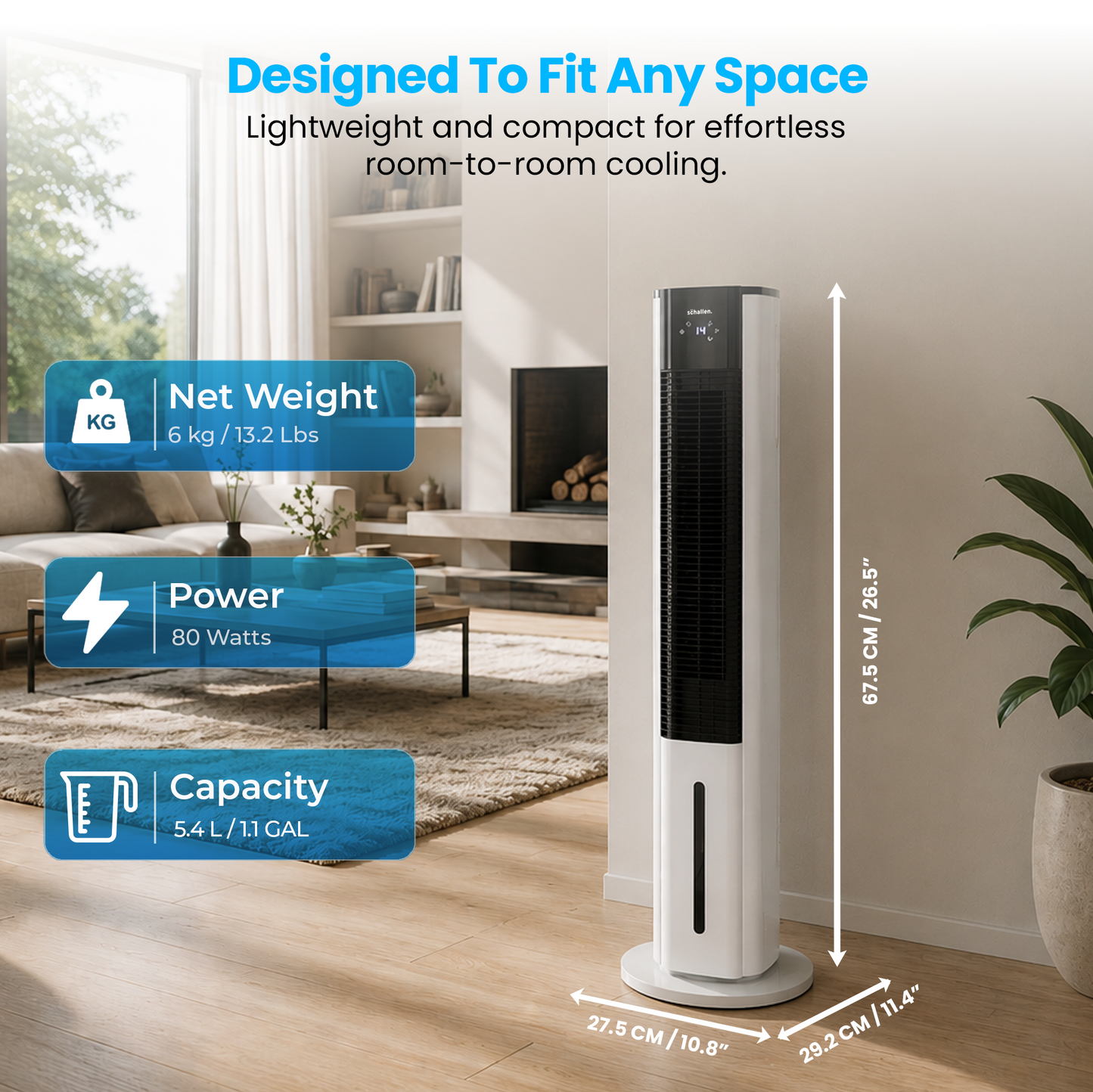 Schallen 5.4L Portable Air Cooler with Remote Control | Evaporative Tower Fan Cooler with 3 Speeds, 12H Timer, Digital & Energy Efficient, 2 Ice Packs in Black & White (Copy)